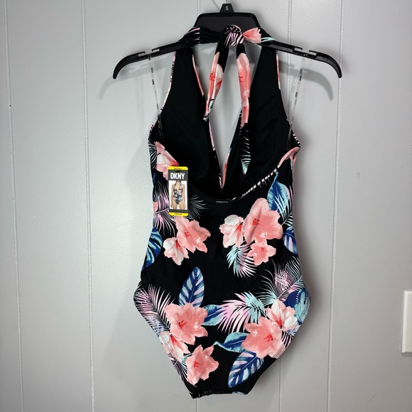 DKNY halter one piece swim bathing suit black pink tropical print size medium - Picture 5 of 11